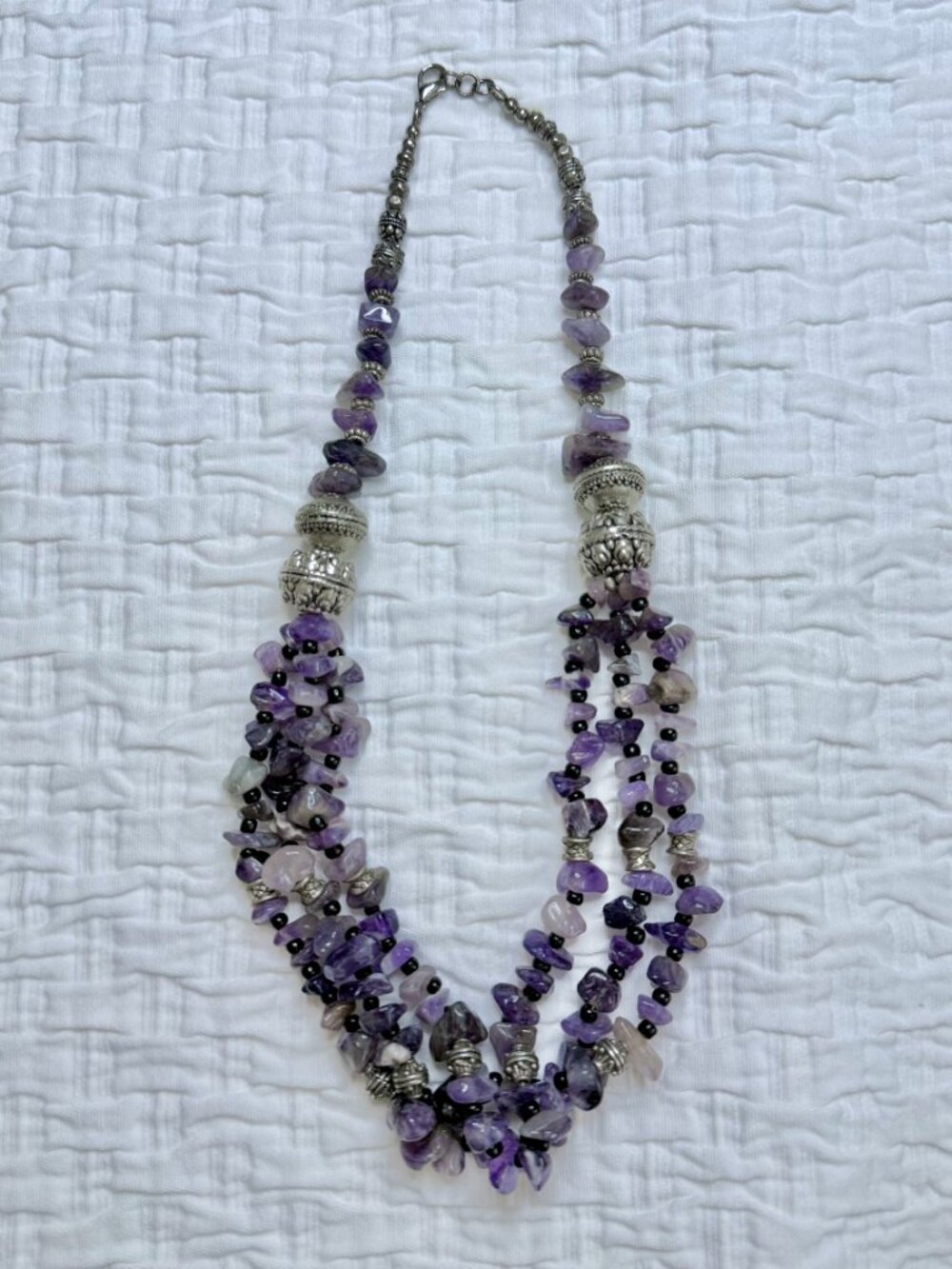 3 Strand Purple Amethyst Statement Necklace Silver Beaded Accents